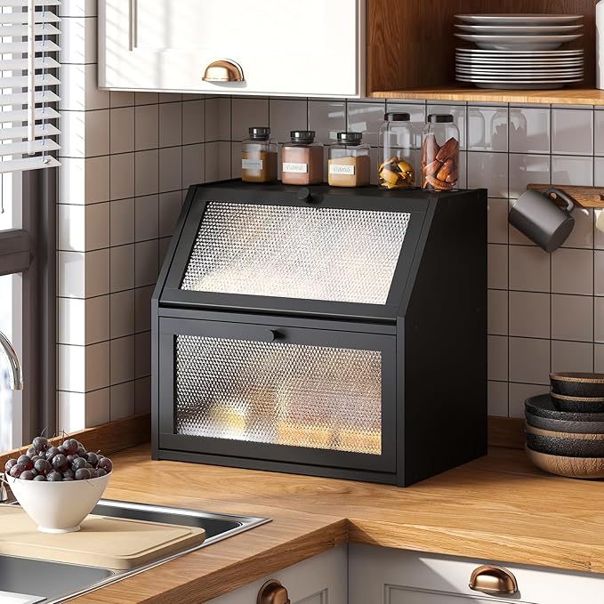 STDDRE Bread Box for Kitchen Countertop Bin Double Layer Bread Box Storage Container Extra Large Capacity with Diamond Pattern Windows (Black, Extra Large)