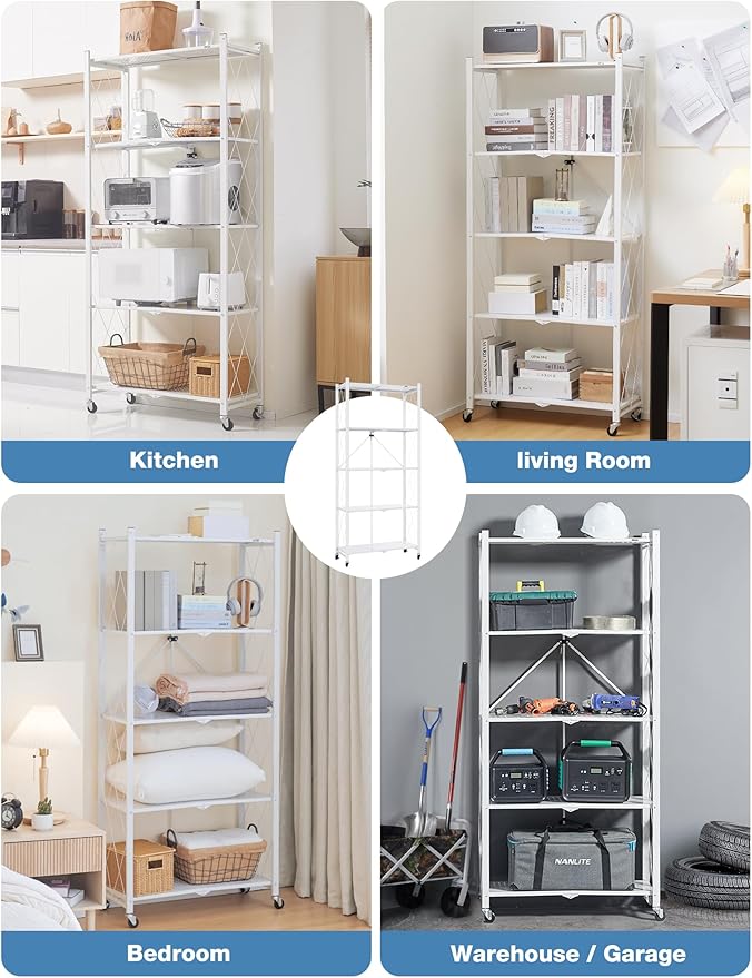 ALANNG 70.7" H Metal Storage Shelves, 5 Tier Folding Shelf on Wheels, Heavy Duty, No Assembly, Rolling, Collapsible Rack Unit for Kitchen, Basement, Pantry (White,1 Pack)