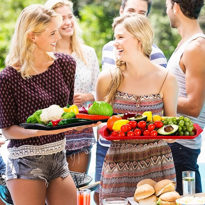 DoubleFill Set of 4 Grilling Prep and Serve Trays, 17x12 Inch Large BBQ Platter for Raw and Cooked Food, Cooking Meat Plastic Grilling Trays, Black and Red Stackable Defrosting Prep and Carry System