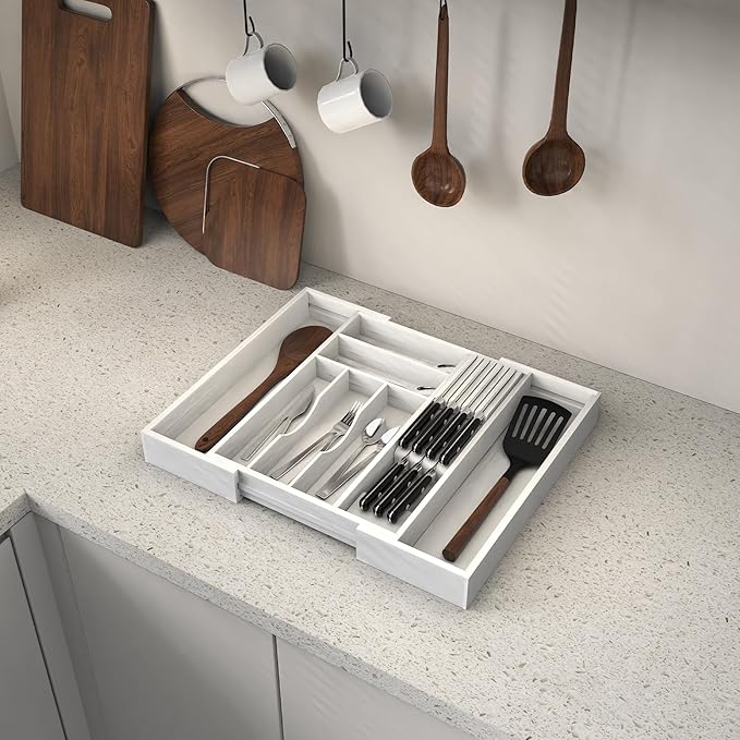 Thalomely Bamboo Kitchen Drawer Organizer, Expandable Silverware Organizer with Removable Knife Block, 6-8 Slots- Utensil Holder & Cutlery Tray Drawer Dividers, 2.36" Deep for Extra Capacity, White