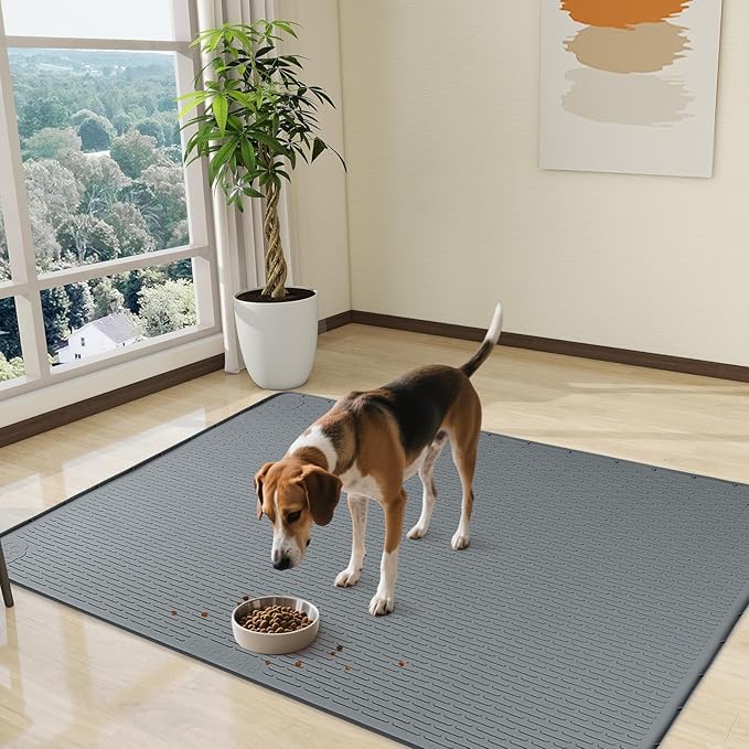 Dog Food Mat, Extra Large 57" x 40" Silicone Pet Feeding Mat with Raised Edge Pet Placemat for Small, Medium, and Large Pets Non-Slip, Easy to Clean (Dark Grey)