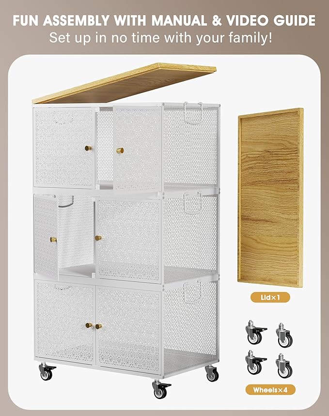 3 Tier Metal Storage Cabinet with wheels, Storage Bins with Magnetic Doors, Storage Cart for Living Room, Bedroom, Bathroom, Laundry, Kitchen