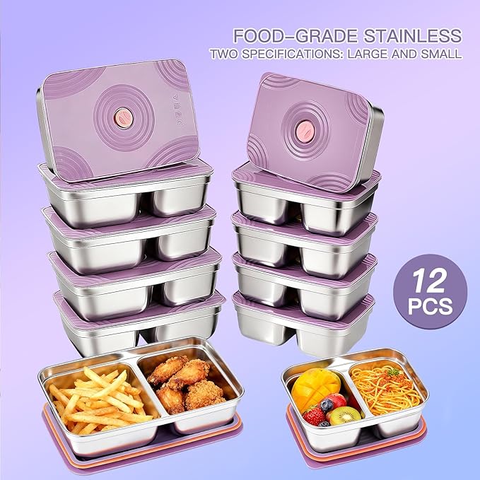 12-Piece Stainless Steel Snack Containers Reusable, Grab and Go 2 Compartment Food Storage Containers with Leakproof Lids for Travel and Outdoor Camping School Lunch Prep Dishwasher Safe