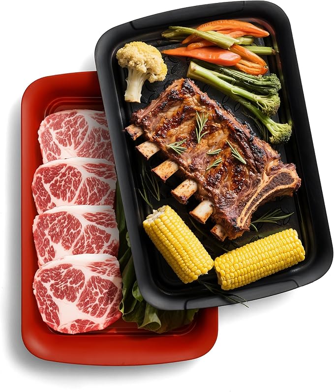 TP Deep Grilling Prep and Serve Trays, 18 x 12 inch BBQ Trays for Cooked and Raw Foods, Set of 2 Melamine Serving Platters for Meats, Grill Accessories, Black and Red