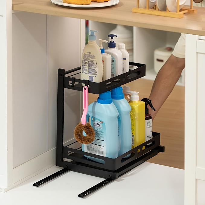 Basicwise Adjustable Height Under Sink Pull-Out Organizer Sliding Shelf Rack Heavy-Duty Mesh Baskets for Kitchen & Bathroom Cabinets Ideal for Tall Bottles Cleaning Supplies & Tight Spaces, Set of 2