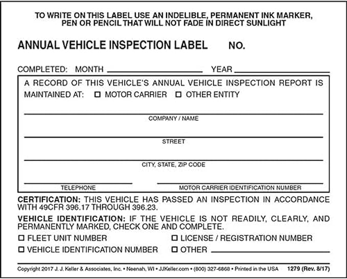 20-Pack, Annual Vehicle Inspection Label, 2-Ply Adhesive Vinyl, Prenumbered, DOT Compliant, J. J. Keller & Associates, Inc.