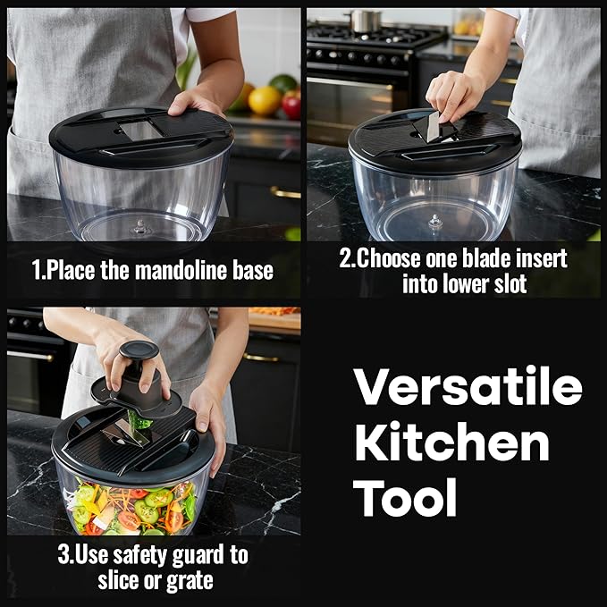 Joined Large Salad Spinner and Mandoline Slicer 6 in 1, Multi-Use Lettuce Spinner with Drain, Bowl, and Colander, Vegetable Dryer, Kitchen Slicer for Healthy Cooking, Perfect Holiday Gift - 5.28 Qt