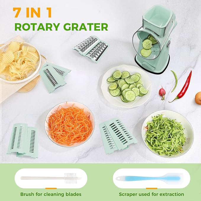 YSEPOZ 7 IN 1 Upgraded Rotary Cheese Grater with Handle – Vegetable Shredder with Built-in Storage Blade Slot, 5 Versatile Blades, Strong Suction Base Round Mandoline Slicer, Food Chopper for Kitchen