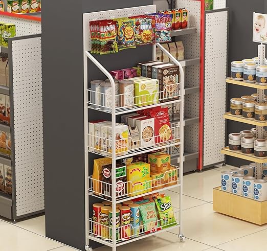 Retail Candy Snack Display Rack, 4-Tier Black Metal Storage Shelf Brackets with Wheels & Hooks Multifunctional, Home Theater Concession Stand Snack Shelf Organizer for Pantry Kitchen, White