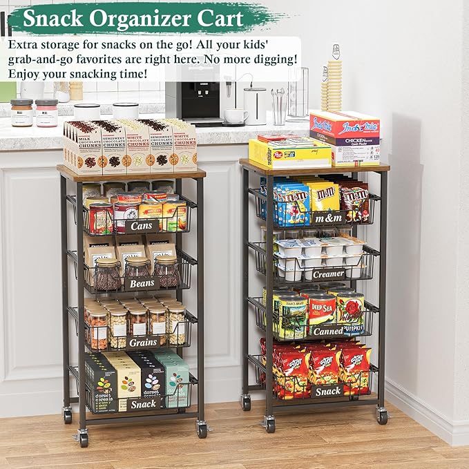 Fruit Basket, 5-Tier Utility Kitchen Organizer and Storage Cart with Pull-Out Baskets and Wood Top, Rolling Pantry Kitchen Cart on Wheels for Fruit Potato Onion Vegetable Snack Produce