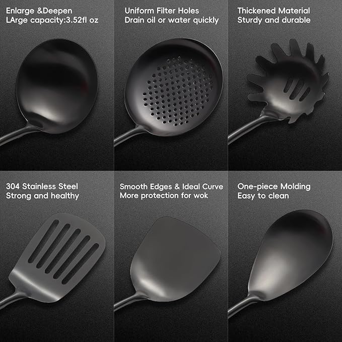 Stainless Steel Kitchen Utensils Set with Wood Handle, 18/10 Metal Cooking Utensils Set, 10 Piece - Spatula, Spoon, Ladle, Skimmer, Slotted Turners, Pasta,Turner, Ladl, Fork