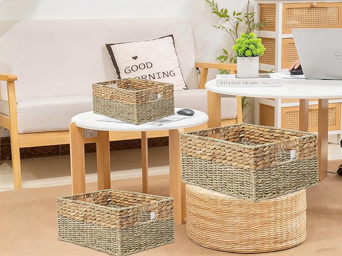 YAHUAN Natural Water Hyacinth & Seagrass Woven Storage Baskets – Wicker Storage Basket Organizer Bins with Handles for Home & Office Pantry Shelf (Set of 3)