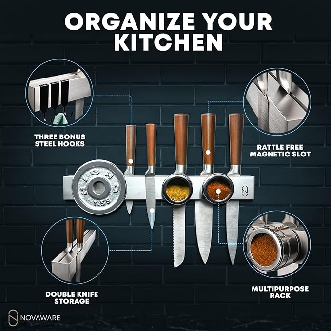 16" Magnetic Knife Holder for Wall with 2x Storage - Safe, Patented Storage Design - Stainless Steel Knife Magnetic Strip, Under Cabinet Knives Storage - Magnet Strip Rack Kitchen Utensil Organizer