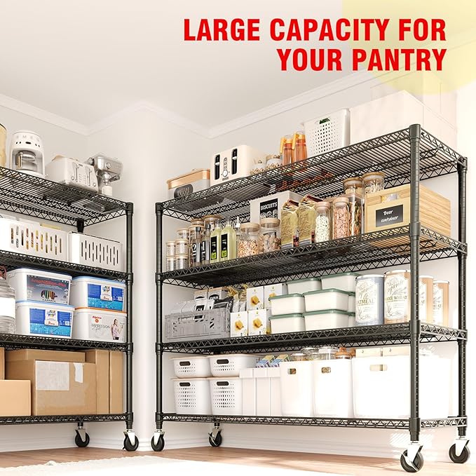 72" H X 59 W X18 D Storage Shelves with Wheels, 4 Tier Wire Shelving Adjustable Metal Shelving Shelves Capacity 2640LBS Heavy Duty Shelf for Garage Shelving, Pantry, Kitchen, Commercial