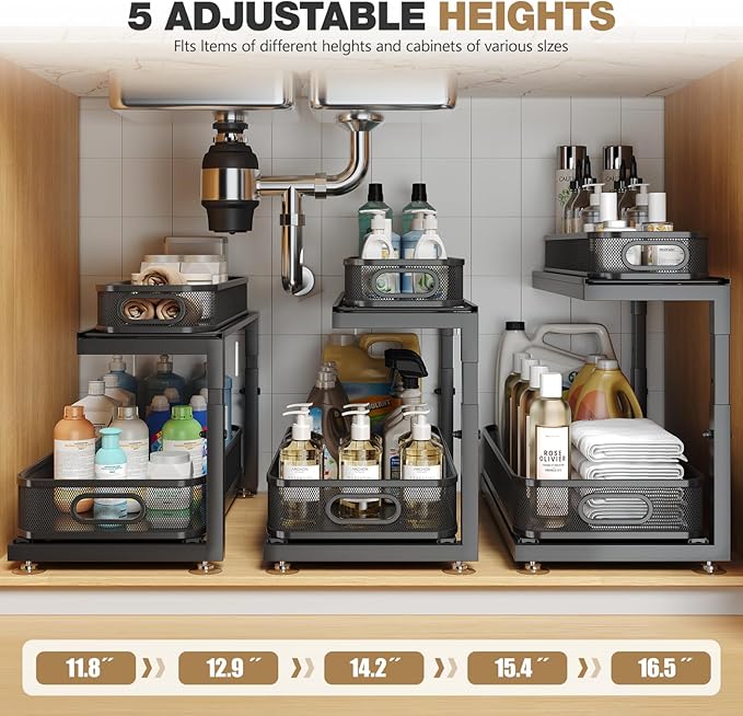Biboraya 2-Pack 18.5 IN Depth Under Sink Organizer With Next-Gen Ball-Bearing Slides,Sophisticated Mesh 2-Tier Pull Out Shelf for Kitchen & Bathroom,Fits Small Items-Black