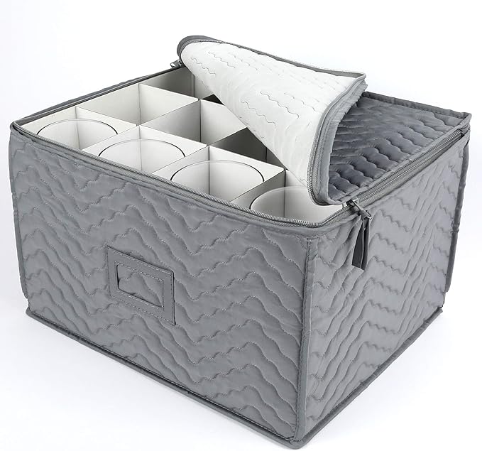 LotFancy Stemware Storage Container - Deluxe Quilted Storage Case with Dividers for 12 - Wine Glasses, Champagne Flutes, Glassware, Drinkware Storage Box Chest, 15.5"x12.5"x 10", Gray