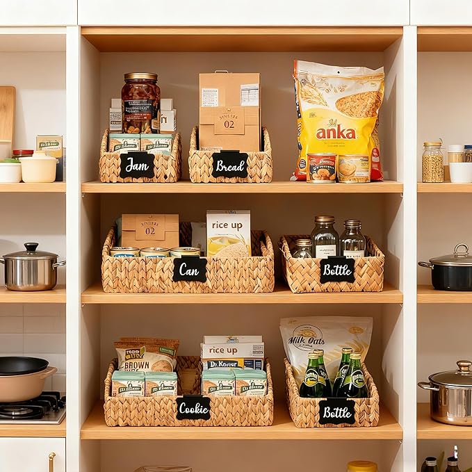 Wicker Baskets for Organizing,Pantry Baskets with Built-in Handles, Handwoven Wicker Storage Basket, Water Hyacinth Storage Bins for Shelves, 3 Pack, Small Natural 2 Set