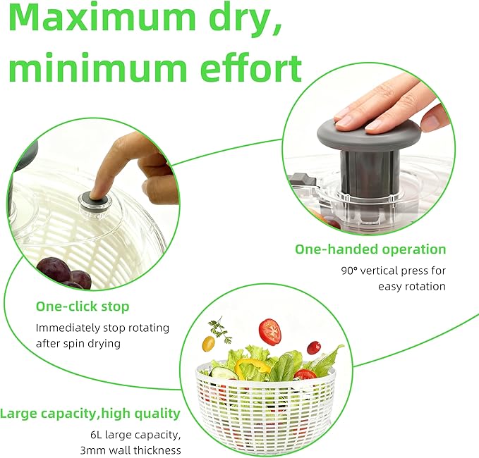 Salad Spinner, Lettuce Spinner with Push-Button Lid and Non-Slip Base, Vegetable & Fruit Washer Bowl, Efficient Spin Dryer and Strainer for Salad Greens and Fruits (3.8QT)