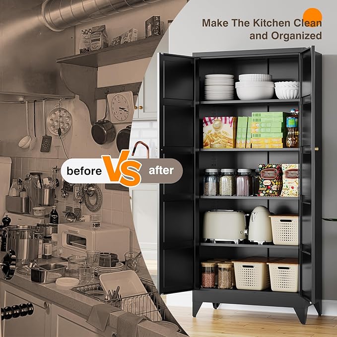 Yizosh Metal Pantry Cabinet,- 72" Black Kitchen Pantry Storage Cabinet with Doos and Adjustable Shelves for Kitchen, Living Room,Dining Room,Home