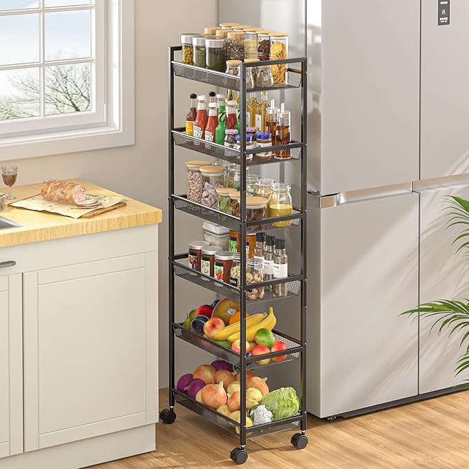 6 Tier Slim Rolling Storage Cart, Narrow Mobile Shelving Unit Organizer Utility Cart with Wheels, Metal Wire Storage Rack with Baskets for Kitchen, Bathroom, Laundry & Living Room, 10in(W) Black