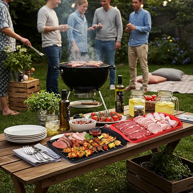 DoubleFill Set of 4 Grilling Prep and Serve Trays, 14x10 Inch Large BBQ Platter for Raw and Cooked Food, Cooking Meat Plastic Grilling Trays, Black and Red Stackable Defrosting Prep and Carry System