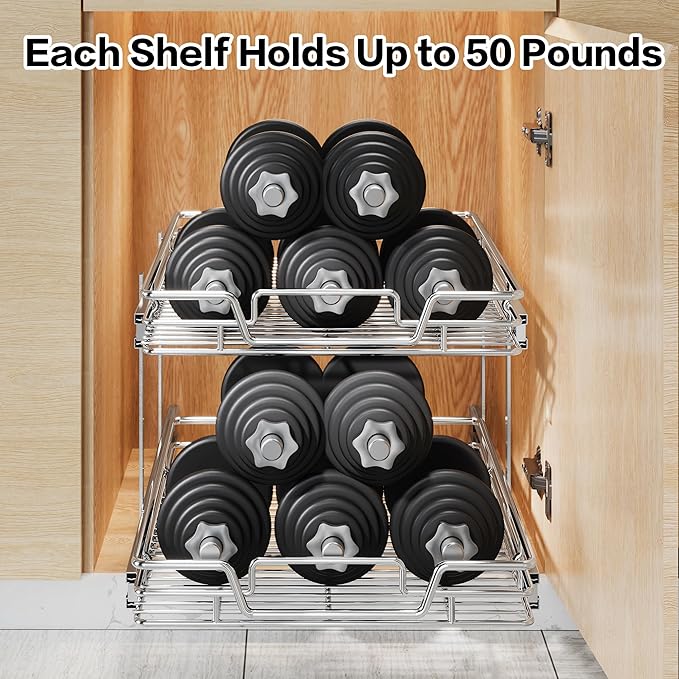 QUYUWU 2-Tier Kitchen Cabinet Pull Out Shelf and Drawer Organizer Slide Out Pantry Storaqe Basket in Multiple Sizes (19" W x 21" D)