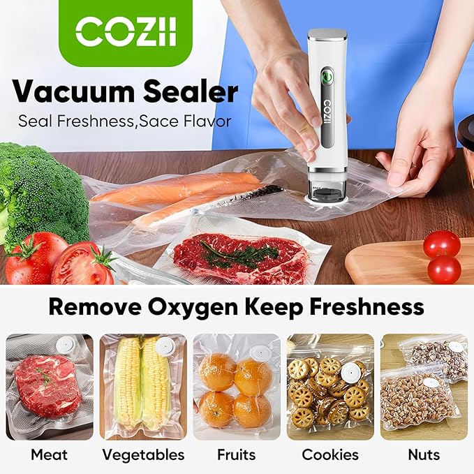 COZII Handheld Vacuum Sealer for Food, Preserve Compact Vacuum Sealer Machine with Visible Water Tank, 30 Bags Portable Food Saver, 60KPa Powerful Suction, 8X Fresh, Wireless & Rechargeable,White