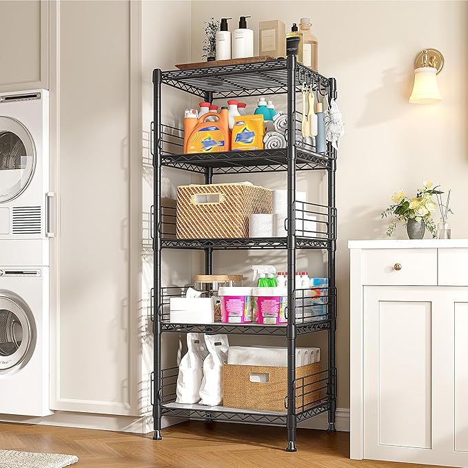 5 Tier Metal Shelving Unit Storage Shelves With Shelf Linker,Adjustable Pantry Shelves Wire Shelving with Hooks,Metal Shelf with Side Blockers for Kitchen,Closet,Office,Laundry,18.1''Wx18.1''Dx59''H
