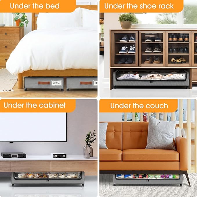 Under Bed Storage with Wheels 2Pack Underbed Storage with Clear Window&Label Under Bed Drawers Large Capacity Rolling Under Bed Storage for Clothes,Shoes, Blankets (Light Grey)
