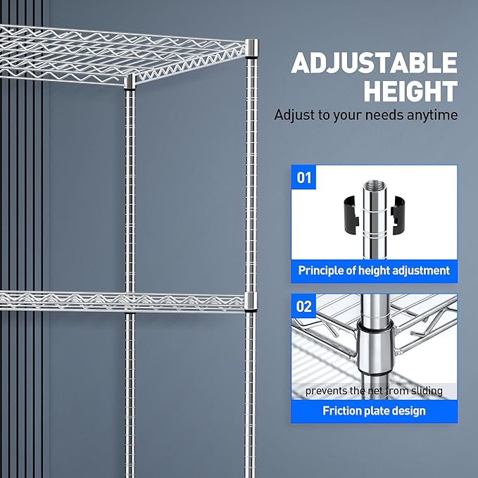 Rengue 60"x 24"x72"Wire Shelving with Wheels, 4-Tier Heavy Duty Garage Storage Shelves, Chrome 2400LBS Capacity Wire Shelf Rack, Silver