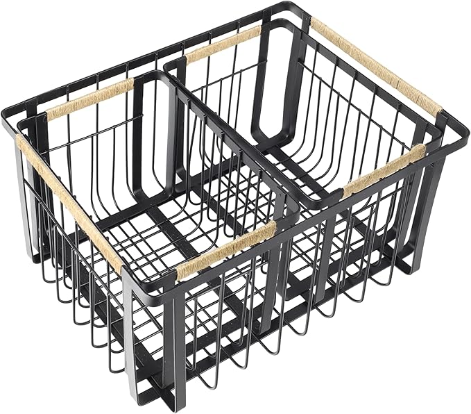 happimess BSK3003A-3SET Henley Vintage Farmhouse Wire Metal Nesting Storage Baskets with Jute Wrapped Handles for Shelves, Cabinets, Pantry, Countertop, Mesh Open Bin Basket, Black (Set of 3)