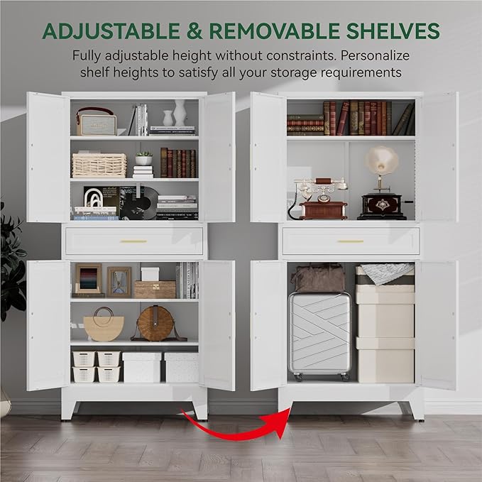YNIQUESTLE 71" Tall Farmhouse Pantry Cabinet,Metal Cabinet with Adjustable Shelves and Drawer,Storage Cabinet for Kitchen Dining Room Garage,White