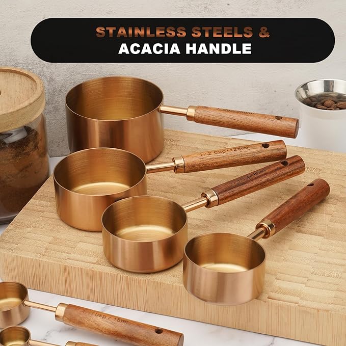 SHIKORI Gold Measuring Cups and Spoons Set with Wood Handles, Premium Stainless Steel Measuring Spoons and Measuring Cups Set, For Cooking and Baking in the Kitchen (Bronze)