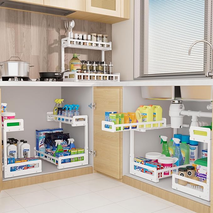 Under Sink Organizer 2 Pack, Metal Large Capacity 2-Tier Sliding Cabinet Storage Rack, Heavy-Duty Rust-Resistant Steel Frame, Holds 50 lbs Each, Adjustable Height 12–16", 14"D x 11"W for Home, White
