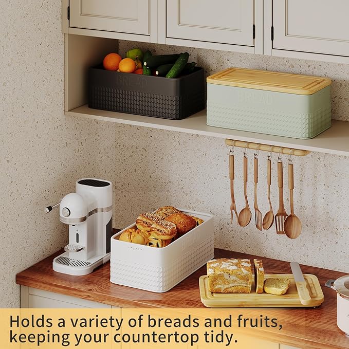 Furshus Bread Box for Kitchen Countertop,Metal Bread Storage Bin with Bamboo Cutting Board Lid, Includes Bread Knife, Fits Sourdough & Buns, Stylish Organize (White)