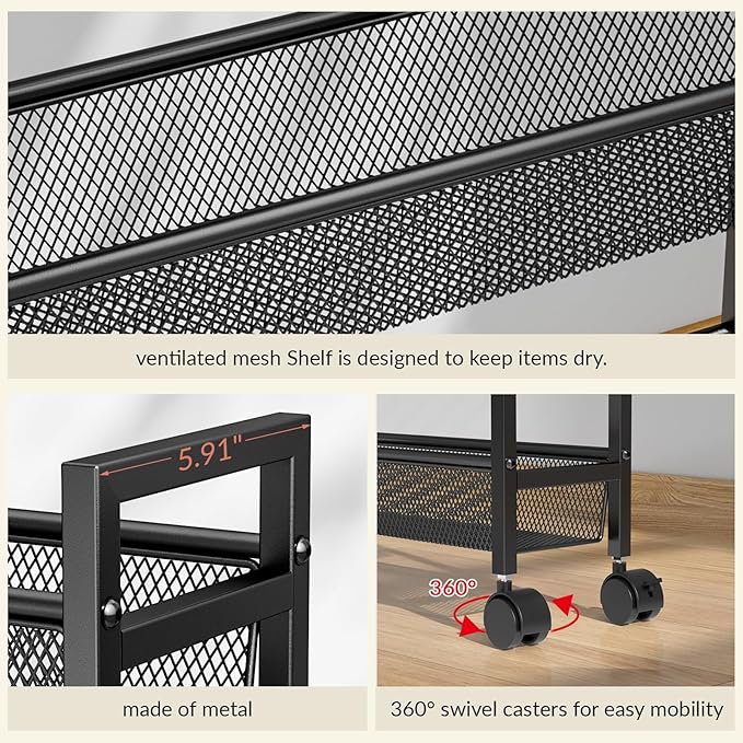 6 Tier Slim Storage Cart, Narrow Cart with Wheels, Metal Mobile Shelving Unit Organizer for Kitchen, Bathroom, Laundry Room, Living Room & Narrow Spaces, Black, 6in(W)