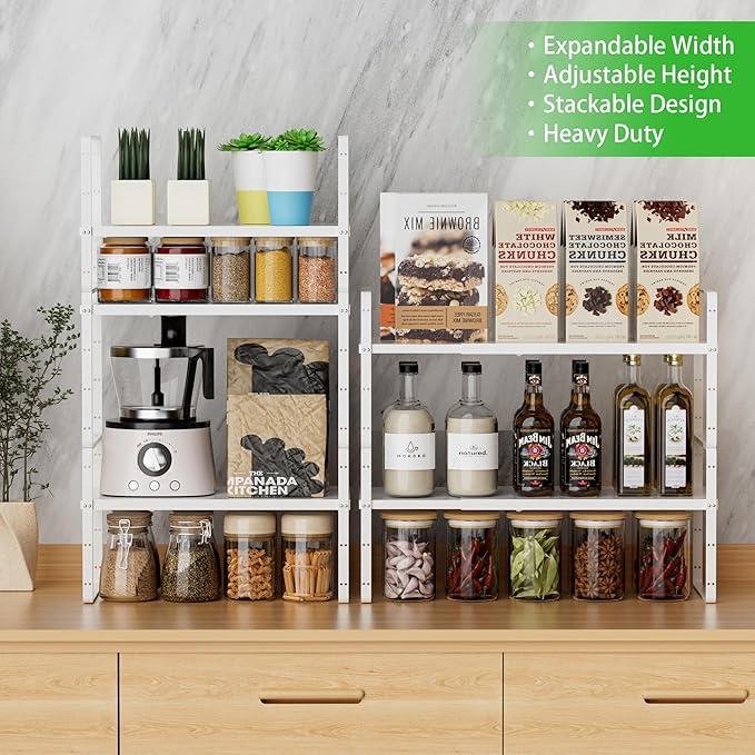 SOFRON Expandable Cabinet Storage Shelf Stackable Organizer Rack for Kitchen Bathroom Pantry Spice Cupboard Countertop Home Office Desk Heavy Duty Nonslip White Large 3 Pack