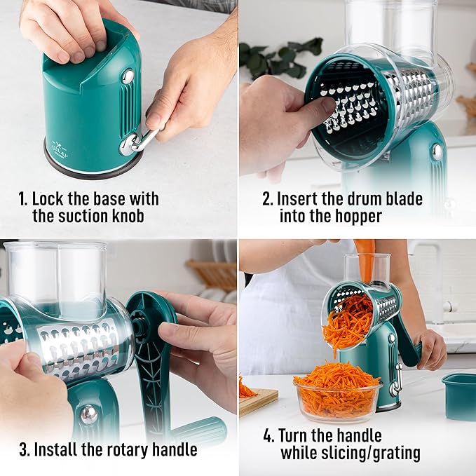 Zulay Kitchen Rotary Cheese Grater 5 Blade Cheese Shredder - Manual Hand Crank Cheese Grater With Reinforced Suction & 5 Interchangeable Drums - Easy to Use, Vegetable Chopper Round Mandoline Slicer