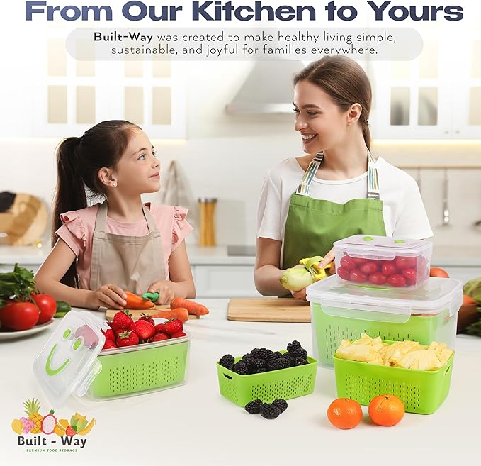 Fruit Storage Smiley Containers for Fridge - Keep Fresh with BPA-Free Lids - Ideal Vegetable & Berry Organizer - 4 Pack Dishwasher Safe Produce Saver - Stackable Containers with Drain Tray