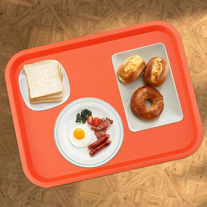 MAHIONG 4 Pack 16 x 12 Inch Orange Fast Food Tray, Large Rectangular Restaurant Serving Trays, Plastic Cafeteria Trays School Lunch Trays