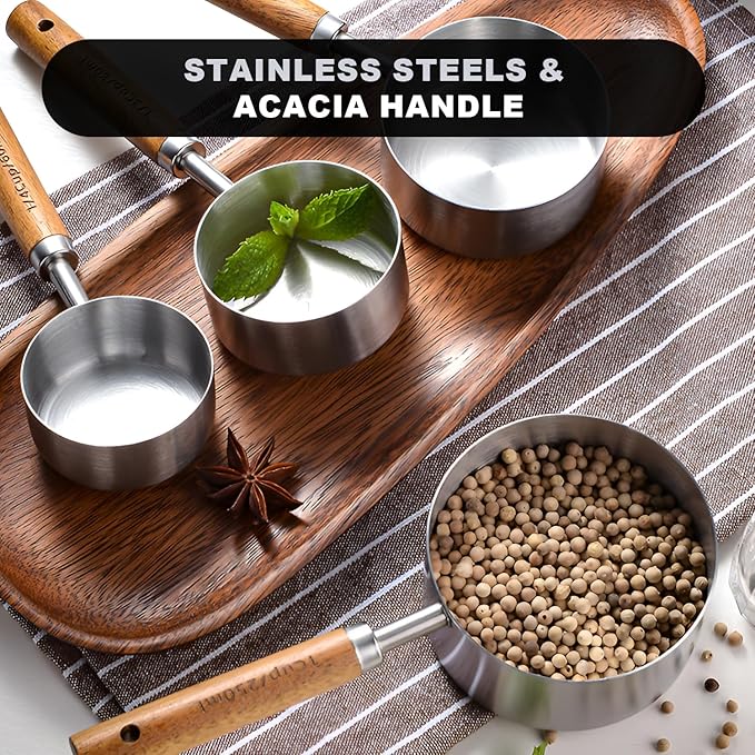SHIKORI Gold Measuring Cups and Spoons Set with Wood Handles, Premium Stainless Steel Measuring Spoons and Measuring Cups Set-Silver