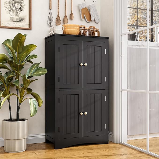 Gizoon 43" Kitchen Pantry Cabinet, Freestanding Floor Cabinet with Adjustable Shelves and 4 Magnetic Doors, Bathroom Storage Unit, for Kitchen, Living Room, Black