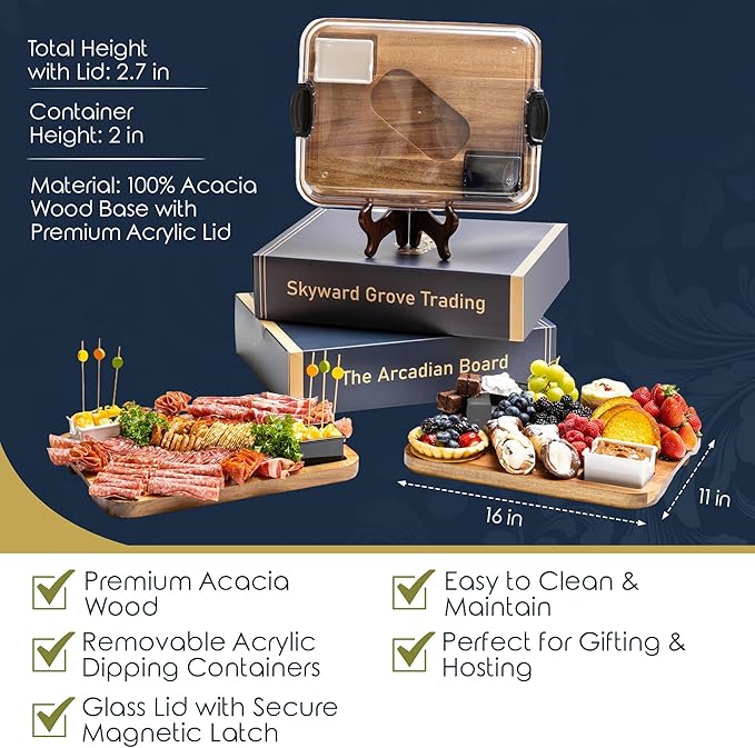 Skyward Grove Premium Wooden Charcuterie Board with Acrylic Lid, Acacia Serving Tray, with two Dipping Containers, Elegant Gift Box for Hosting & Entertaining
