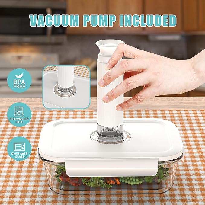 Vacuum Seal Glass Food Storage Containers, 3pcs Containers with 10pcs Sous Vide Bags/ 1pc Manual Pump, Meal Prep Container with Airtight Locking Lids for Lunch, Long-Lasting Freshness