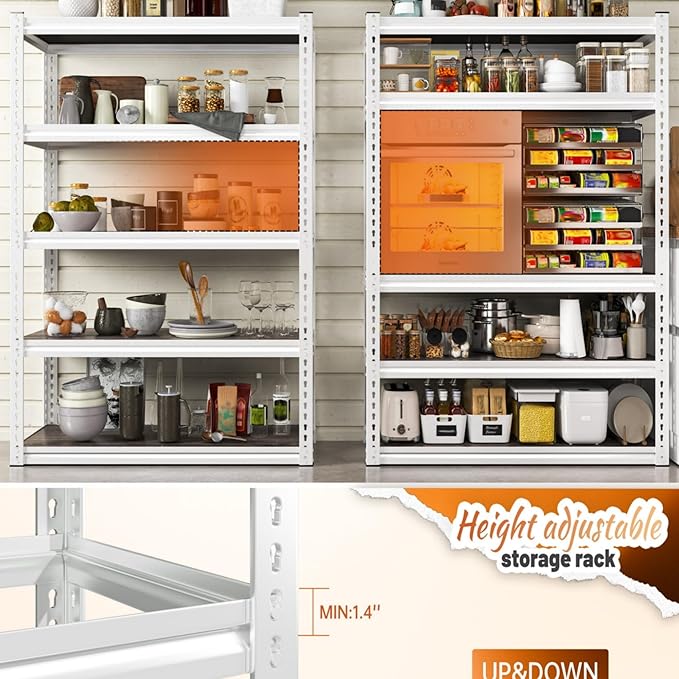 REIBII 5 Tier Storage Shelves, 2500LBS Adjustable Metal Shelving Unit, White Shelves for Pantry, Kitchen, Garage, Warehouse, 65.74" H x 33.85" W x 15.35" D, White