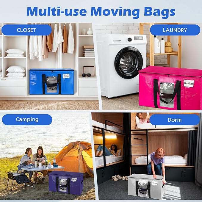 6 Pack Extra Large Moving Bags,Christmas Decoration Storage Bins,37Gallon Heavy Duty Storage Totes with Visible Window & Tag Pocket,Alternative to Moving Boxes,Dorm Room Essentials(Blue)