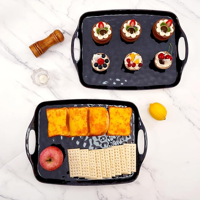 TP Large Serving Trays with Handles, 19" x 12" Melamine Serving Platters for Food, Turkey, Set of 2 Rectangular Trays for Party, Retro Black