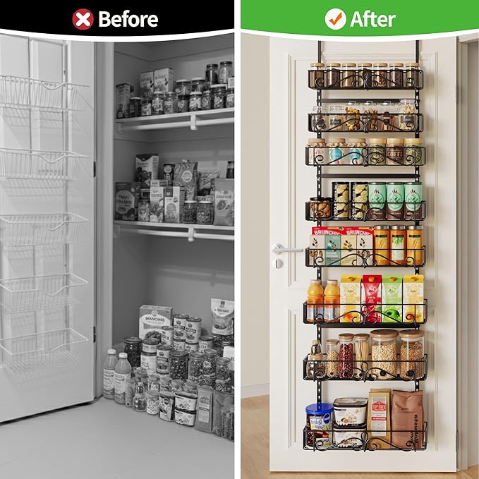 Over the Door Pantry Organizer, 8-Tier Over the Pantry Organization And Storage, Metal Hanging Spice Rack Shelves Door for Home & Kitchen, Laundry Room Bathroom, Black