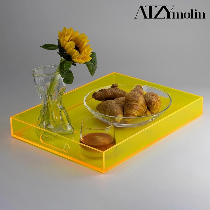 ATZYmolin 16"x12" Large Acrylic Serving Tray Decorative Ottoman Coffee Table Vanity Tray Tea Fruit Platter Snack Appetizer Dessert Drink with Handles for Bar Kitchen Party, Neon Yellow