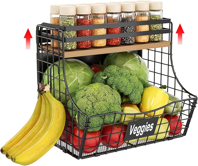 Magnetic Shelf for Fridge with Adjustable Wood Lid & Nameplate, Fruit Potato & Onion Storage Bins with 2 S Hook, Magnetic Spice Rack for Refrigerator, Magnetic Fridge shelf for Kitchen Pantry Laundry